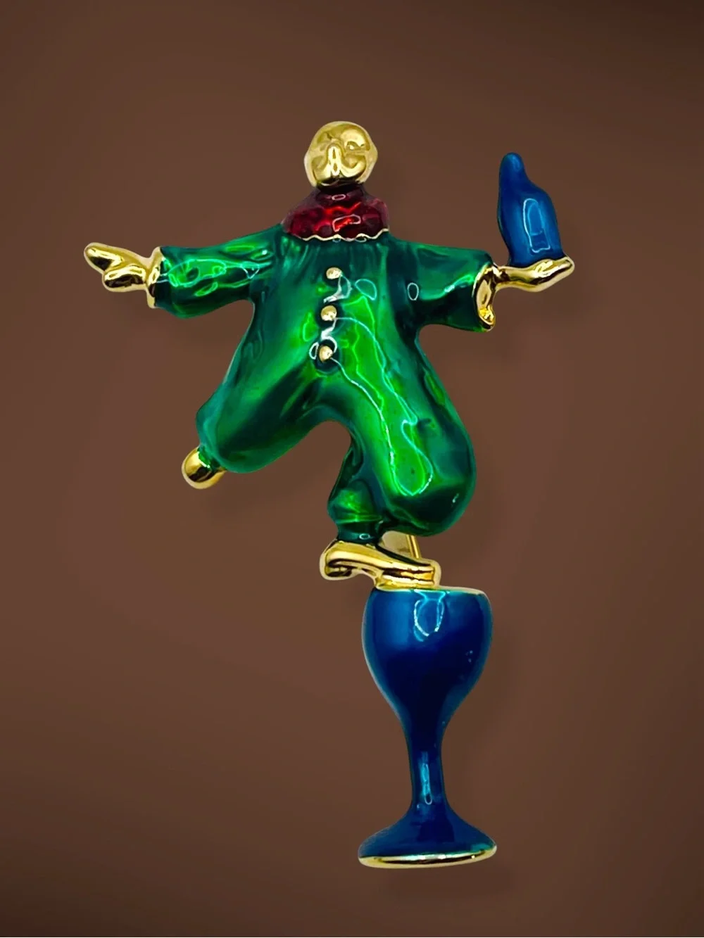 Vintage Enamel Pierrot Clown Champagne Glass Figural Brooch Pin Whimsical Retro